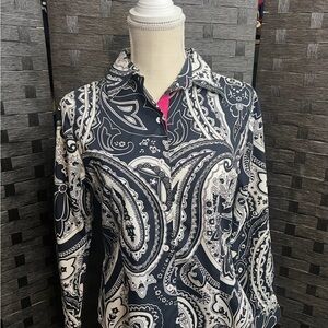 Foxcroft Black and White Paisley Shirt with Hot Pink trim